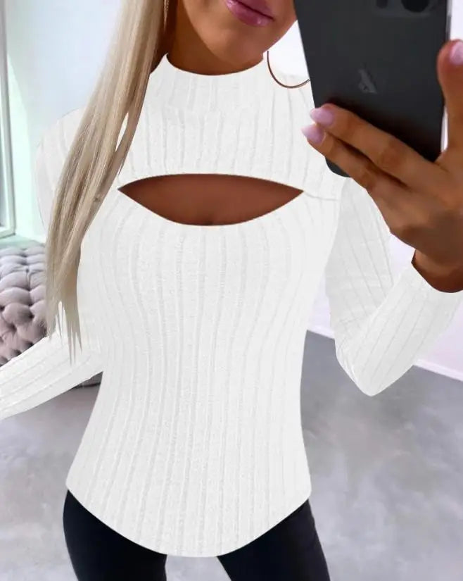 Maxy Standing Collar Hollow Out Long Sleeve Rib Top New Fashion Hot Selling Women's Autumn and Winter