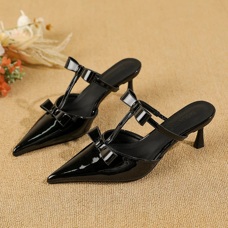 Maxy Elegant Patent Leather Bows Women's Heels Summer Sexy Pointed Toe High Heeled Slippers Fashion Design Sandals Ladies