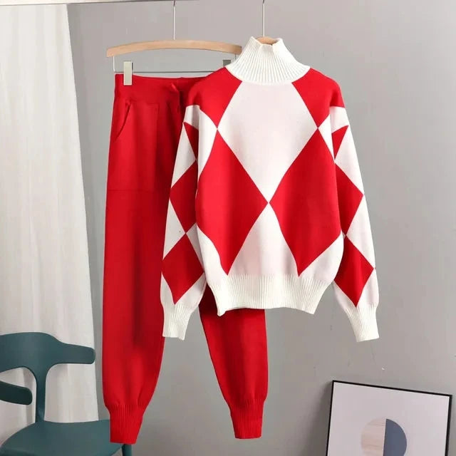 Maxy Geometric Argyle Sweater Knit 2 Piece Sets Autumn Women Casual Loose Turtleneck Pullovers Top+Knit Harem Pants Suits Tracksuits