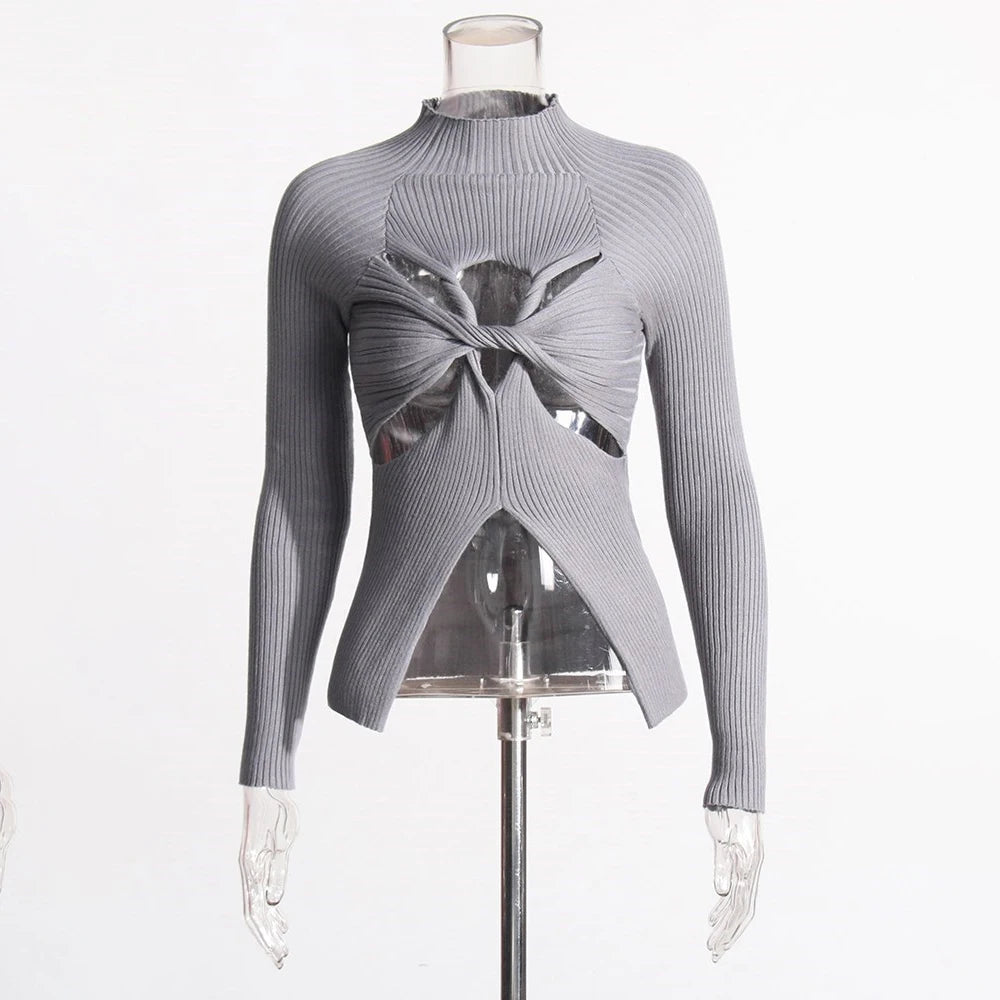 Amay Hollow Out Slimming Chic Sweaters For Women Stand Collar Long Sleeve Minimalist Knitting Pullover Sweater Female Fashion New
