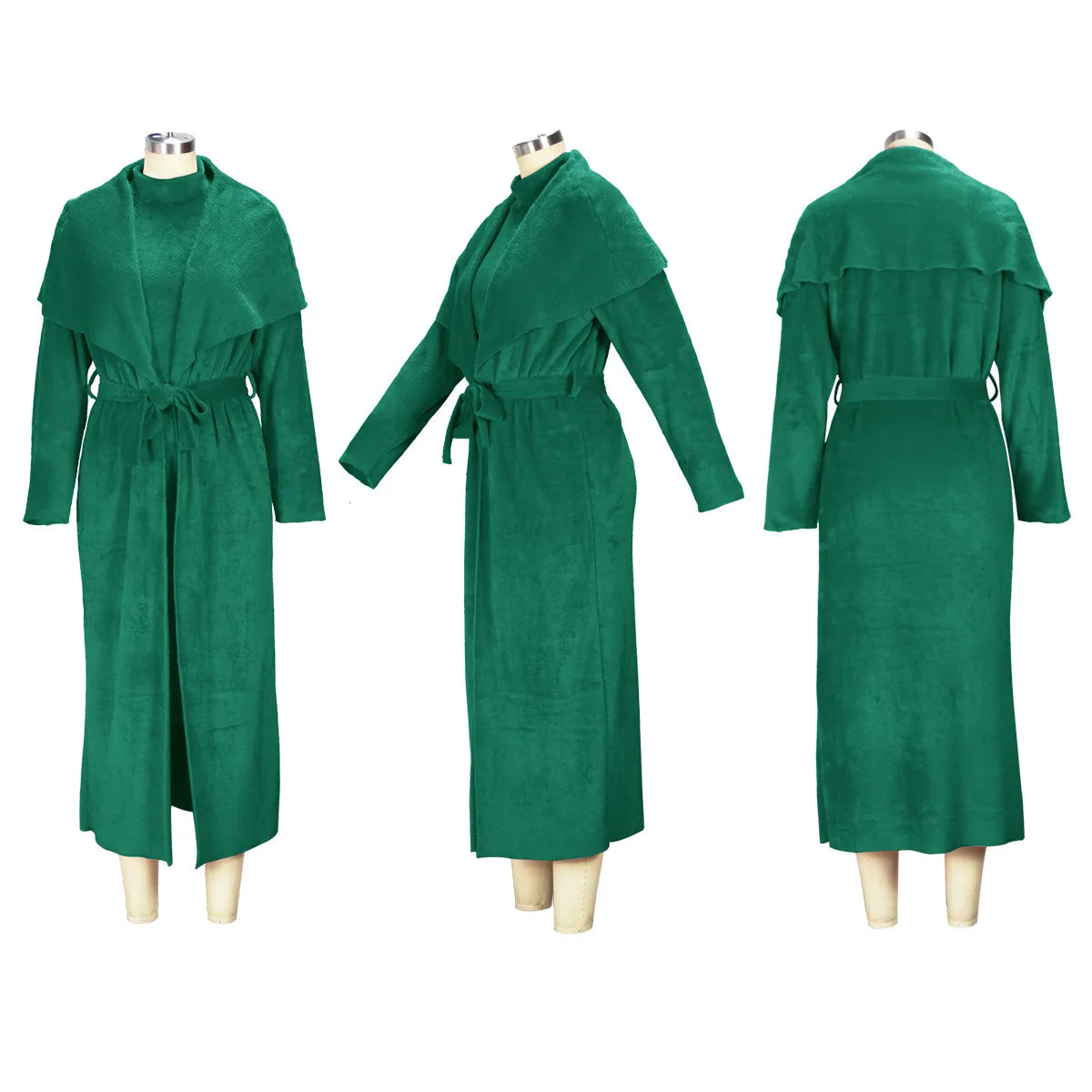 Maxy Plus Size Women Dresses Two-Piece Set Elegant Dress & Loose Long Coat With Belt Fall Winter Ladies Casual Dress Outfits