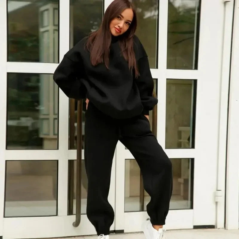 Maxy Winter Tracksuit Women Two Piece Set Solid Warm Suits Hoodies Sweatpants Oversized Pullovers Long Pant Sportswear