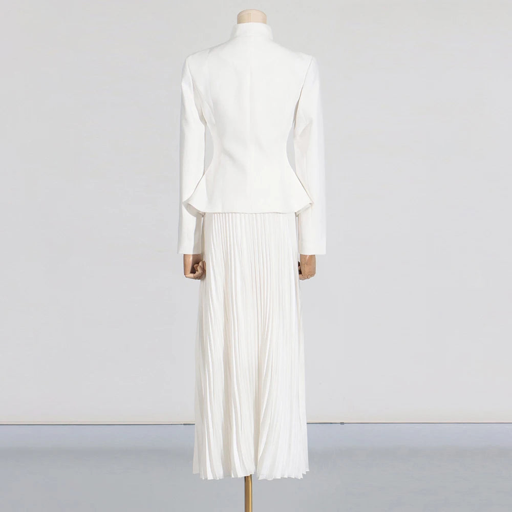 Amay Embroidery Solid Two Piece Set For Women Stand Collar Long Sleeve Spliced Button Tops High Waist Folds Skirt Chic Set Female