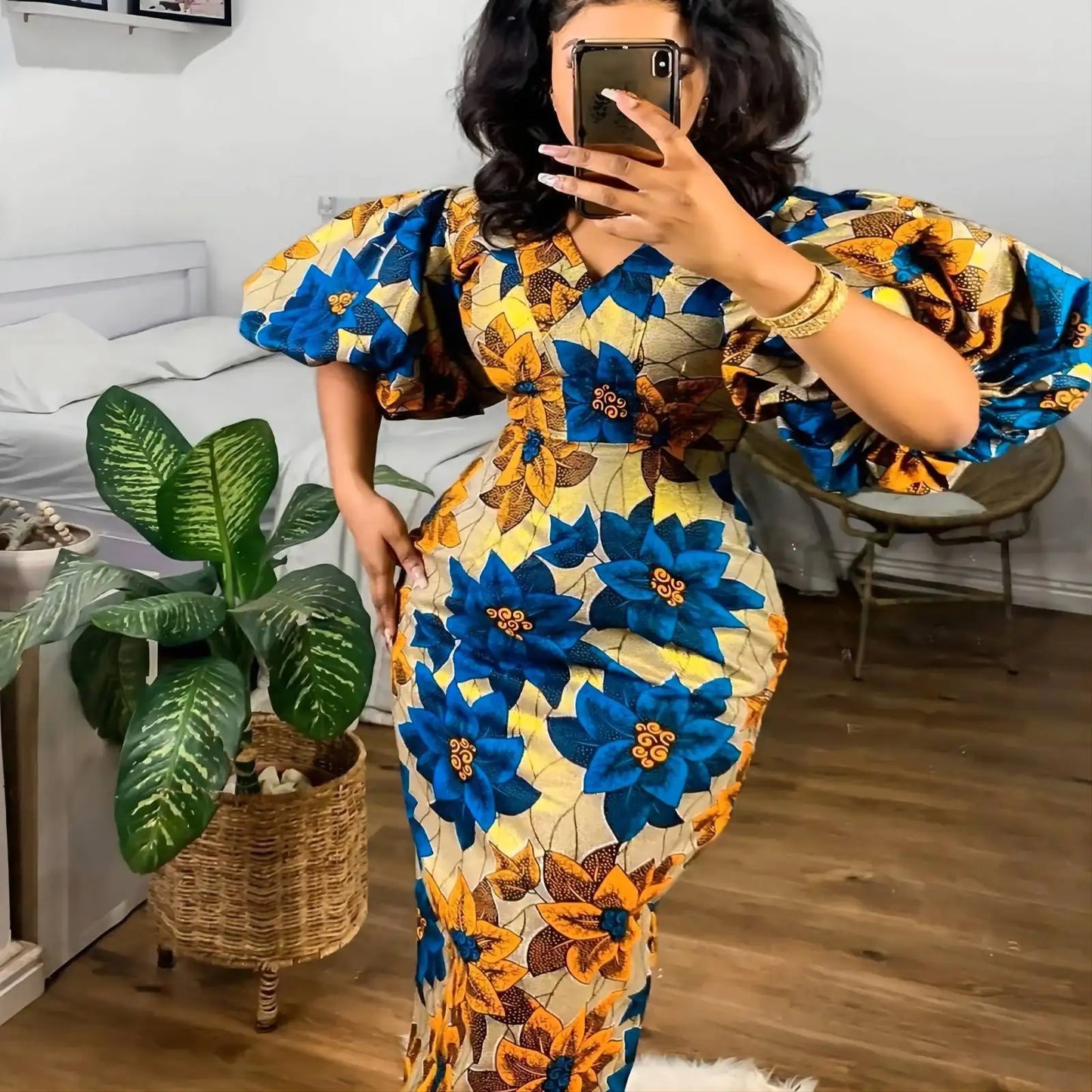 Women Dress Elegant Floral Maxy Printed Short Lantern Sleeve V Neck High Waist Slim African Female Celebrate Party Gowns