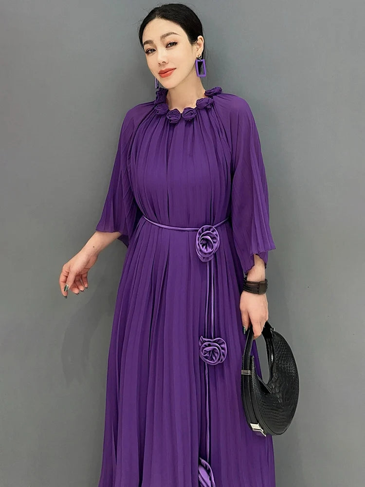 Babs Summer New Dress For Women Flower Bract Neck Flower Bract Sleeve Lace Fold Female Big Swing Black Dresses 5C1280