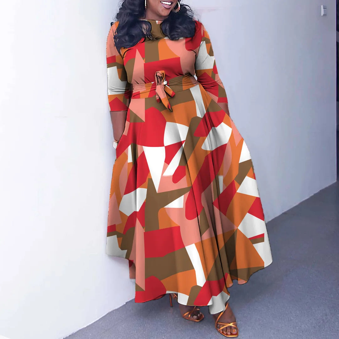 Amay Plus Size Print Elegant Dress Autumn Winter Female Loose Wide Long Robe Women Fashion Casual Cloth Large Size Party Dress
