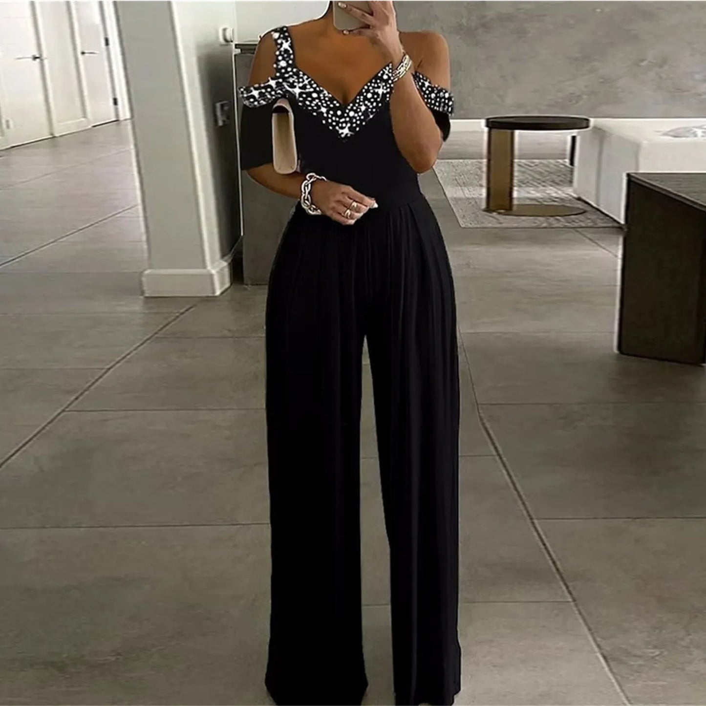 Amay Women's Dress Jumpsuit Daily Casual Wide Leg Waist Jumpsuit Strapless Off-The-Shoulder Patchwork V-Neck Banquet Jumpsuits