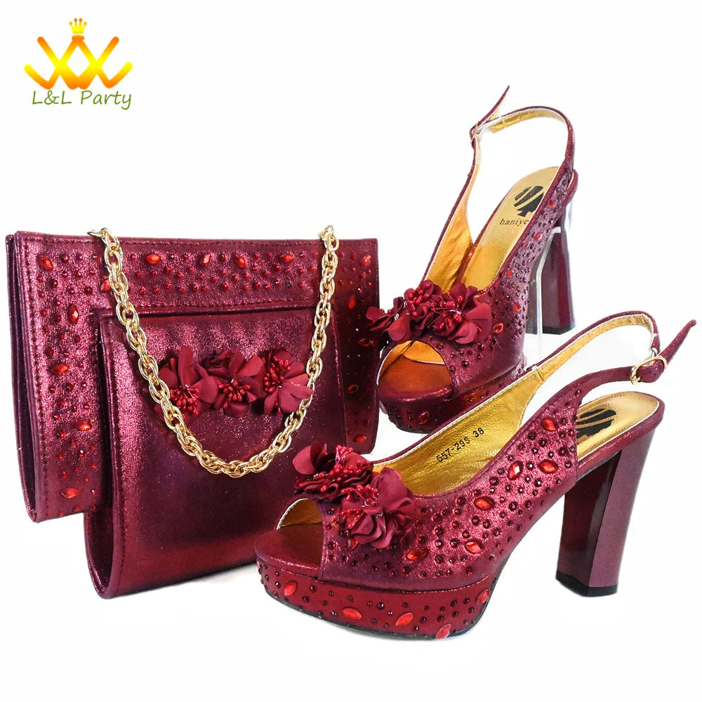 Maxy Super High Heels Fashion 2024 Spring Summer New Design Women Shoes and Bag Set in Wine Color African Design for Wedding