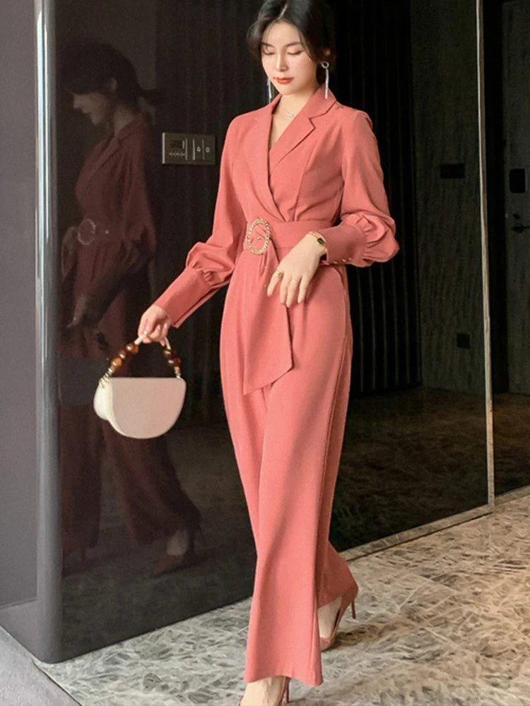 Maxy Vintage Elegant Professional Jumpsuit Women Notched Collar Long Sleeve Adjustable Waist Maxy Pants Work Style Business Rompers