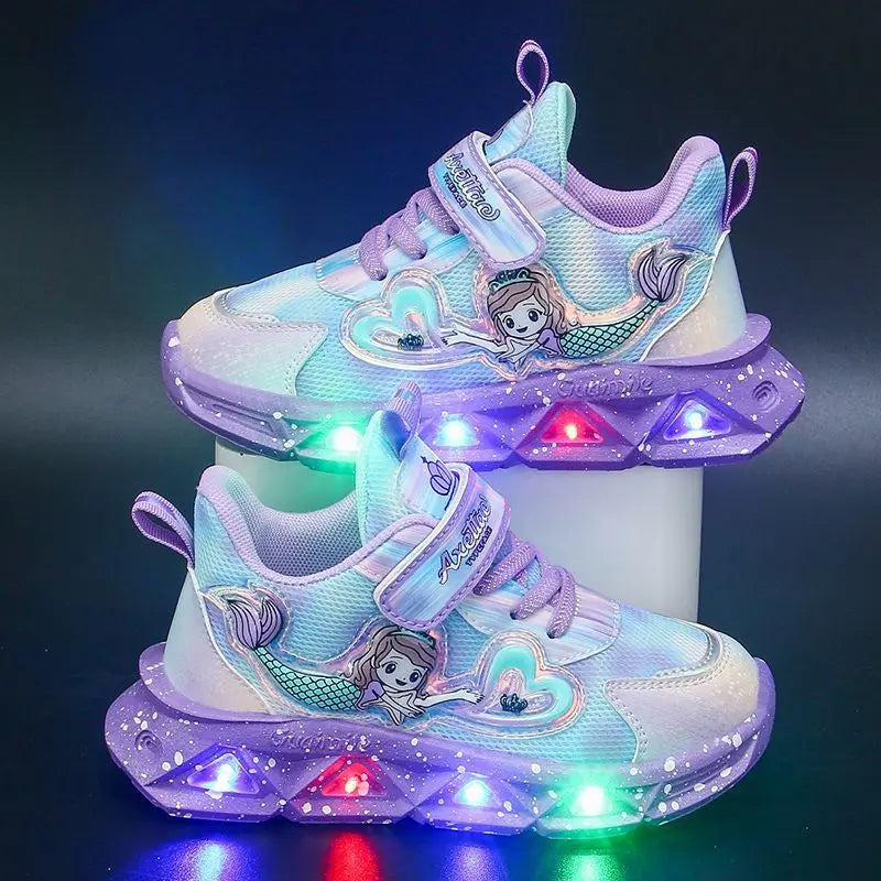 Maxy Children's Sports Shoes with Lights Cute Cartoon Mermaid Girls Sneakers Led Luminous Light Running Shoes Leather Toddler Shoes