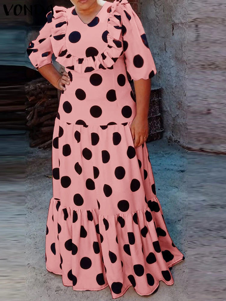 Maxy Plus Size 5XL VONDA Bohemian Dot Printed Dress Women Party Ruffled Sundress Summer V-Neck Holiday Vestido Casual Loose Robe