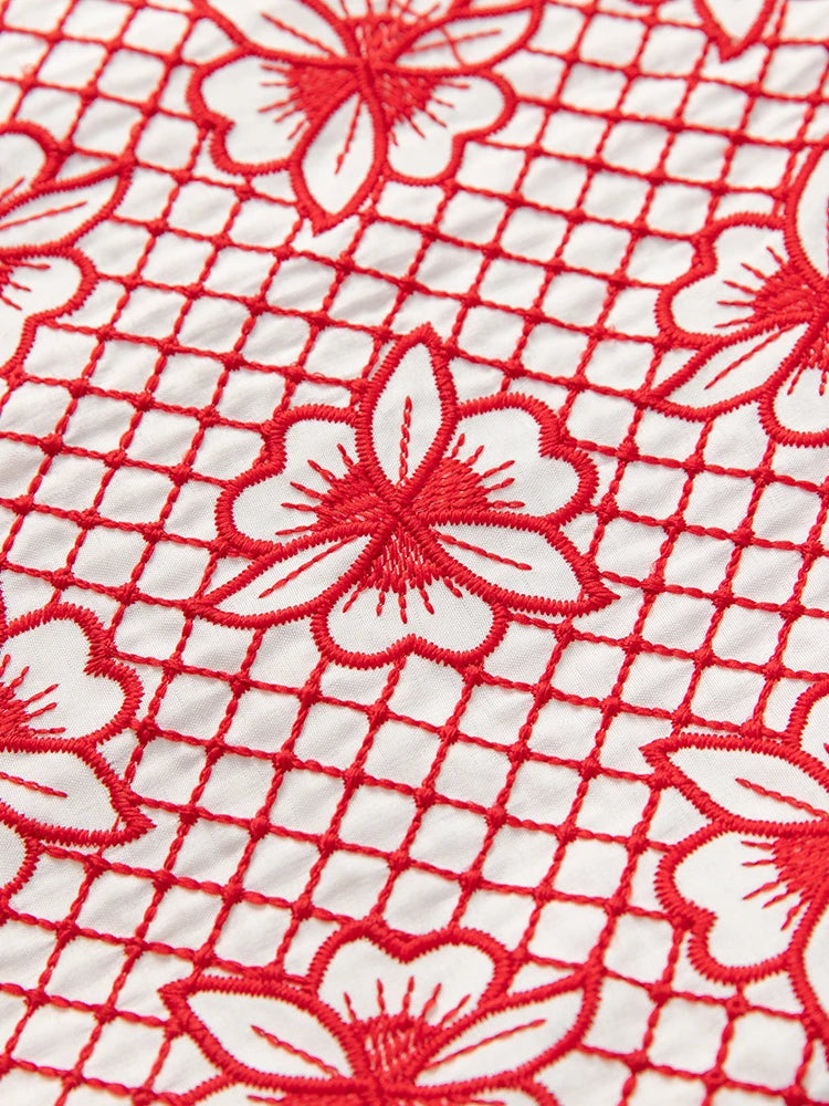 Maxy Seasoning Hollow Out Embroidery Dress For Women Stand Collar Flying Sleeves Red Vintage Dresses Fashion Autumn Female