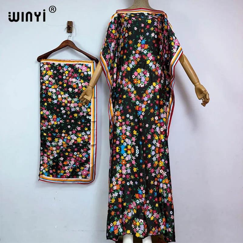Maxy summer boho print Africa dress Dubai Muslim Dashiki Caftan holiday Design With belt evening dress party abayas for women