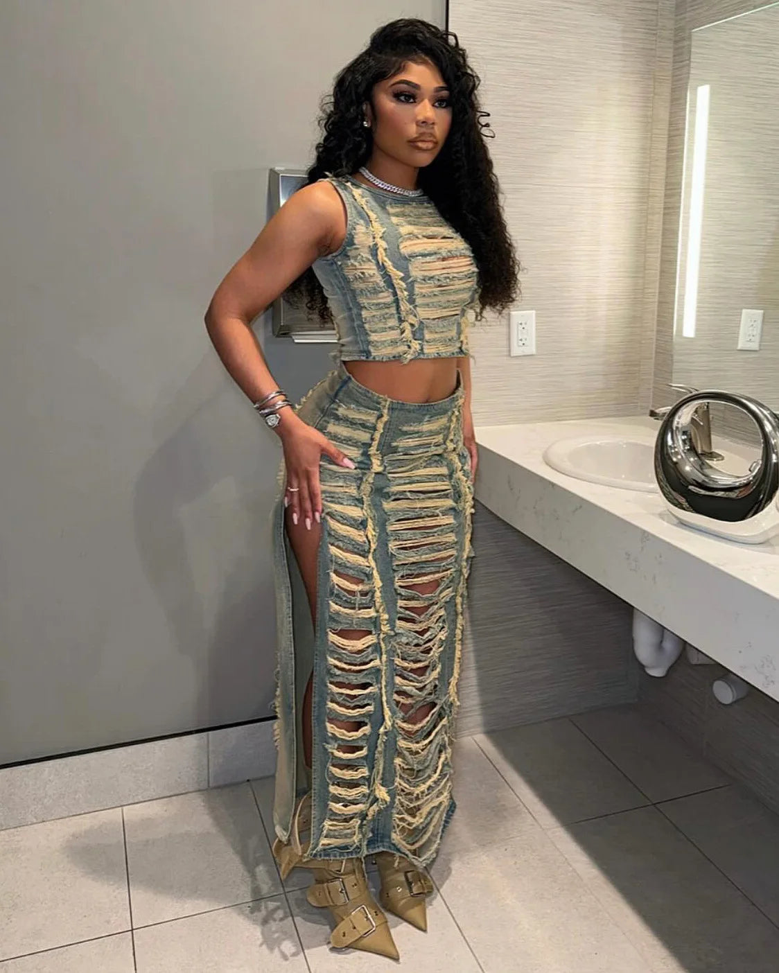 Maxy Women Sleeveless Crop Tank Tops and Split Side Maxi Skirt Streetwear Outfits Elegant Ripped Hole Denim Two 2 Piece Dress