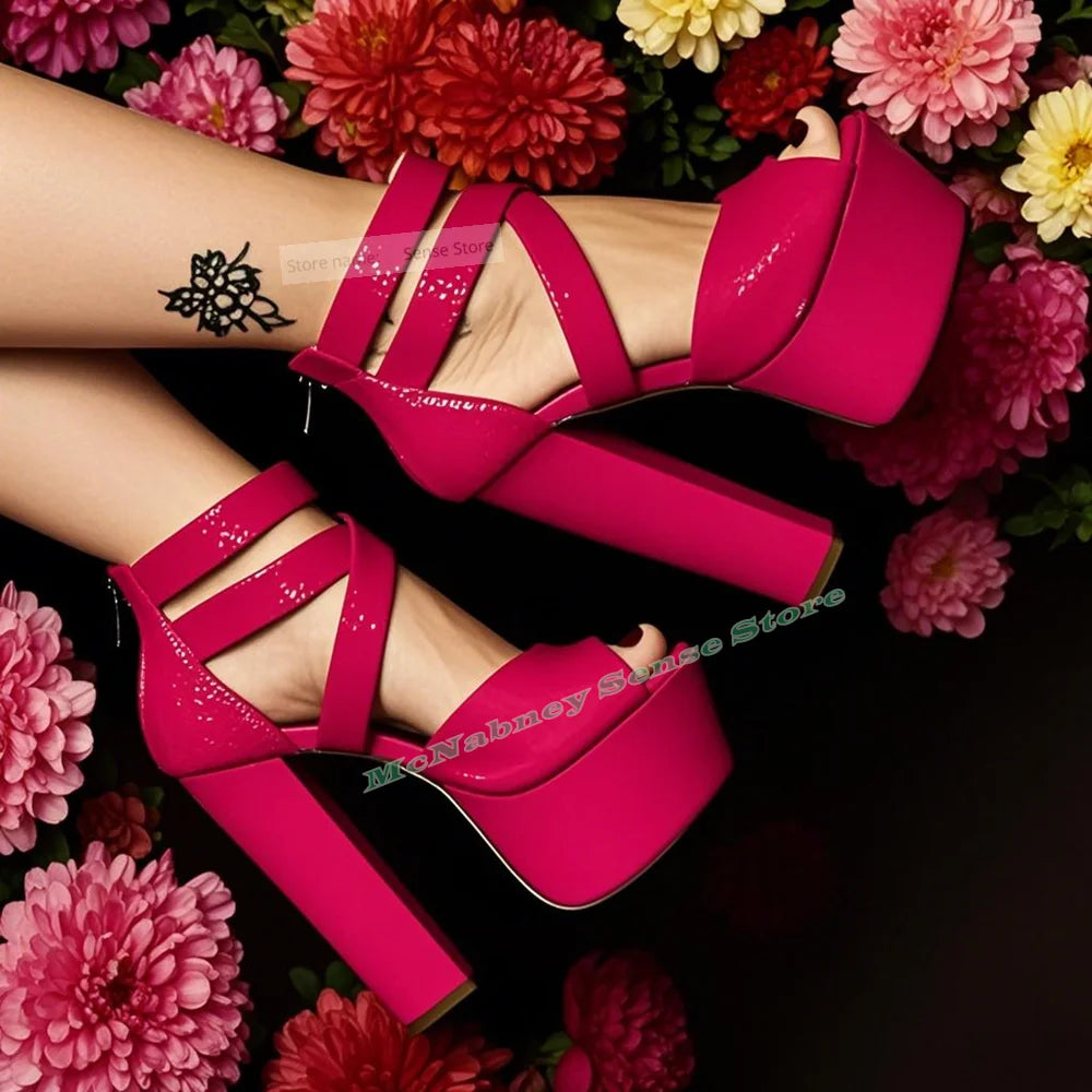 Maxy Peep Toe Thick Sole Sandals Platform Chunky High Heels Solid Buckles Straps Sandals Women Sexy Shoes Summer Party Designer New
