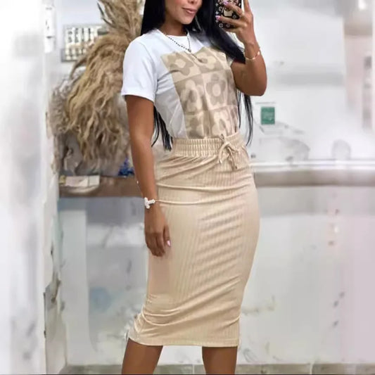 Maxy Fashion Women's Dress Set New Spring Summer Lovely Wind Fresh Sweet Women Short-sleeve Top Drawstring Skirt Fashion Casual Set