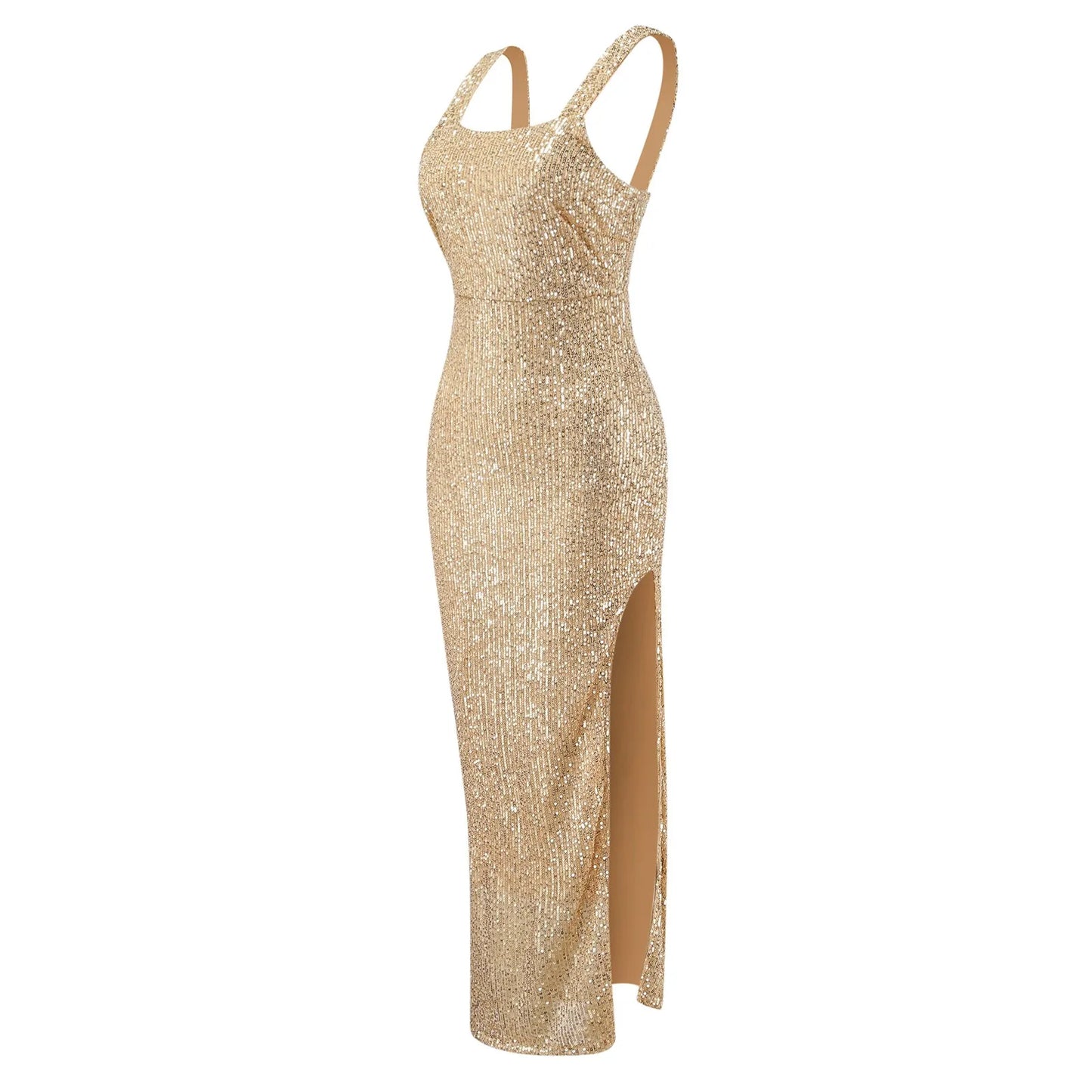 Macy Gold Sequins Bodycon Dress Halter Strap U-Neck Zipper Party Club Prom Dress Women Fashion Shiny Sleeveless Splice Elegant Dress