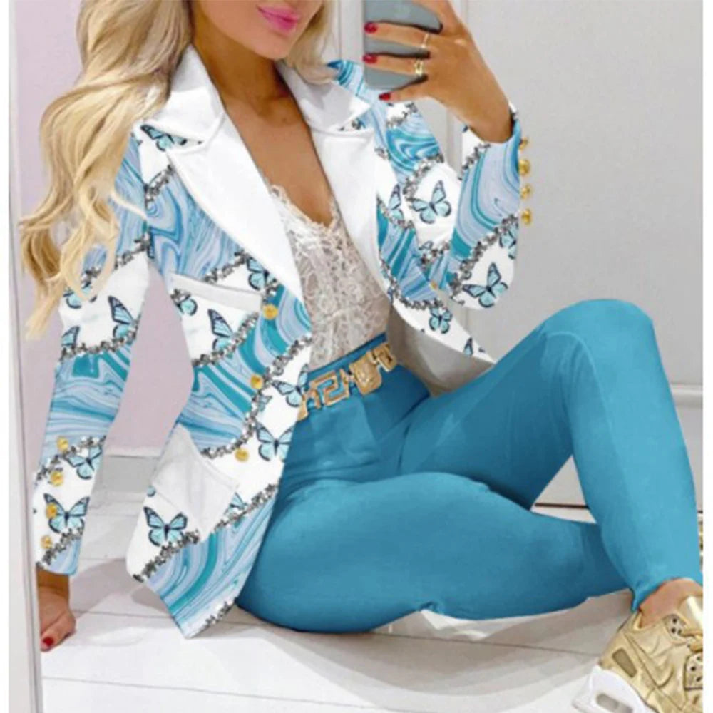 Maxy Fashion Butterfly Print Blazer Suit and Pants Two Piece Set for Women Autumn Winter Outfit Office Lady Casual Clothing