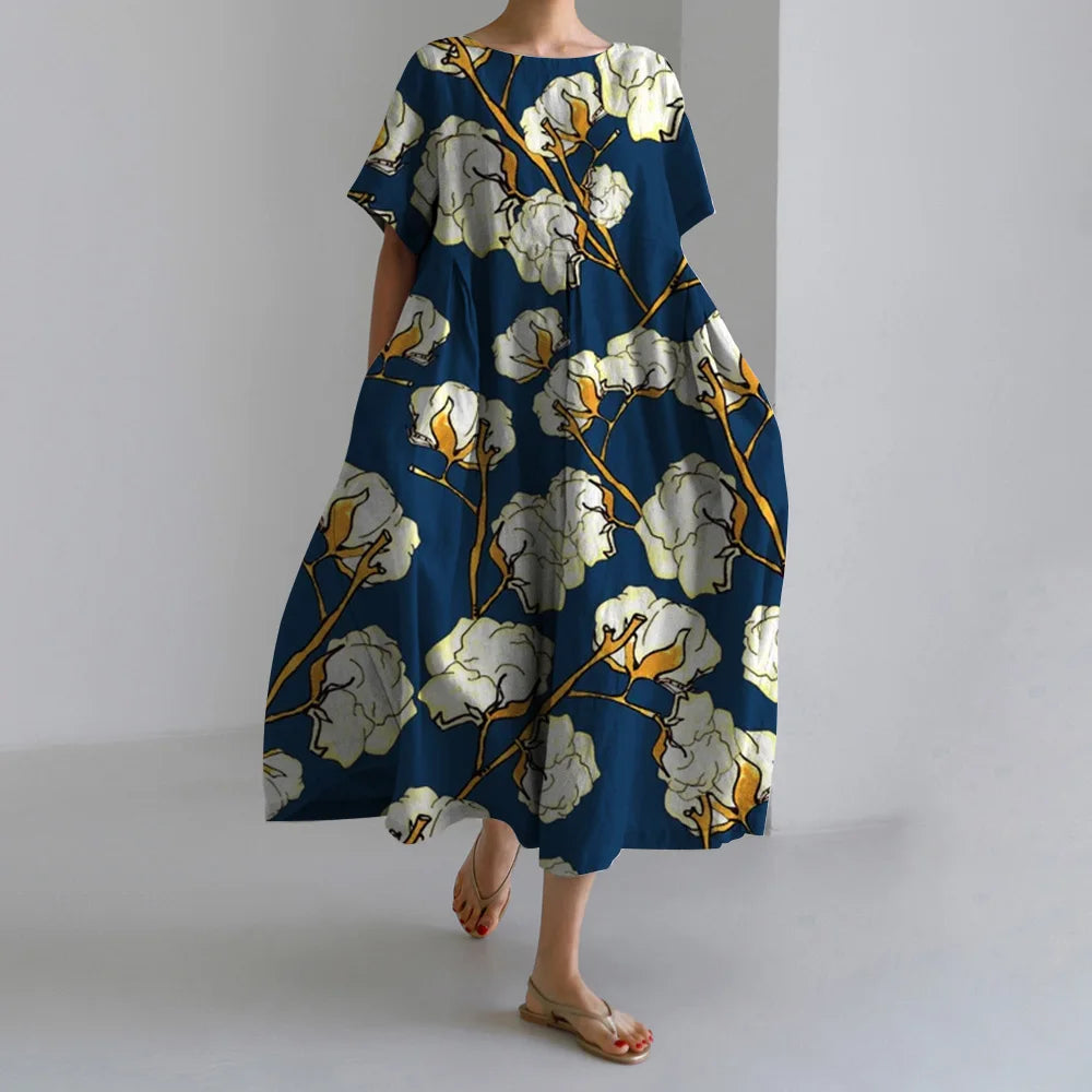 Maxy Summer New Bohemian Casual Dresses Vintage Women's Cotton Printed Dresses Womens Floral Long Dresses Round Neck Pullover Dresses