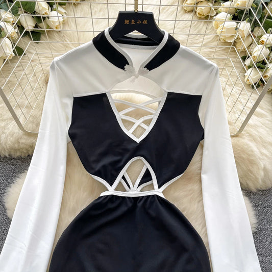 Amay Elegant Long Sleeves Vintage Stand Collar Chic Hollow Out Backless Slim Pencil Short Dresses Evening High Street Autumn Clothing