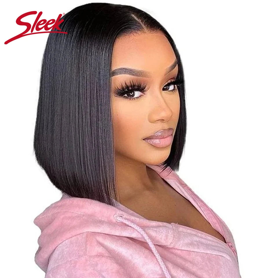 Babs Sleek Remy Brazilian Straight Lace Bob Wigs Short Lace Part Human Hair Wigs 200% Density Cheap Nature Black Dark Human Hair Wigs