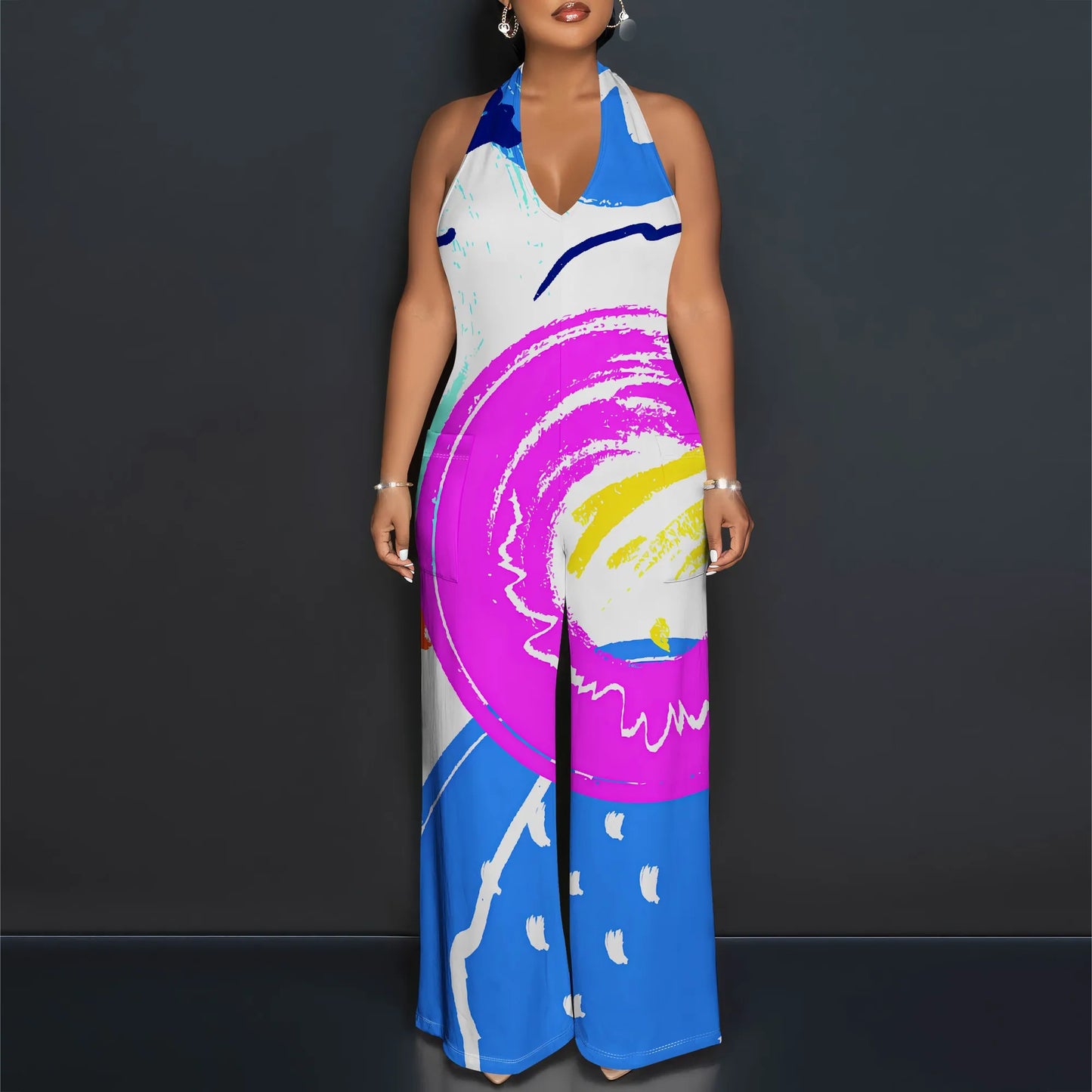 Maxy Bold Abstract Brushstroke Halter V-Neck Maxy Dress - Women's Modern Artsy Party Resortwear Evening Beachwear