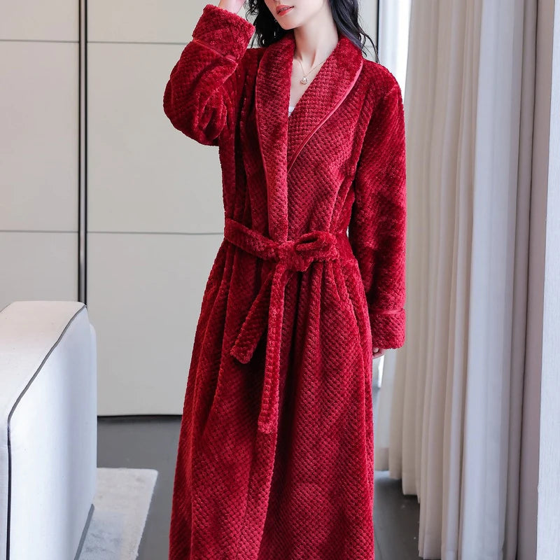 Maxy Autumn Winter Flannel Women Long Robe Nightgown Thicken Warm Bathrobe Sleepwear Loose Casual Coral Fleece Home Dress Lounge Wear