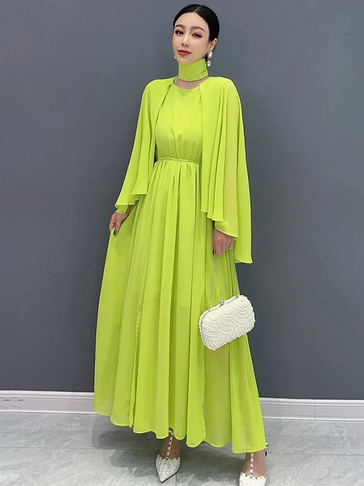 Babs Summer New Flare Sleeves Dress For Women Fashion Slimming Big Swing Chiffon Shawl Long Dresses Female Robe C1094