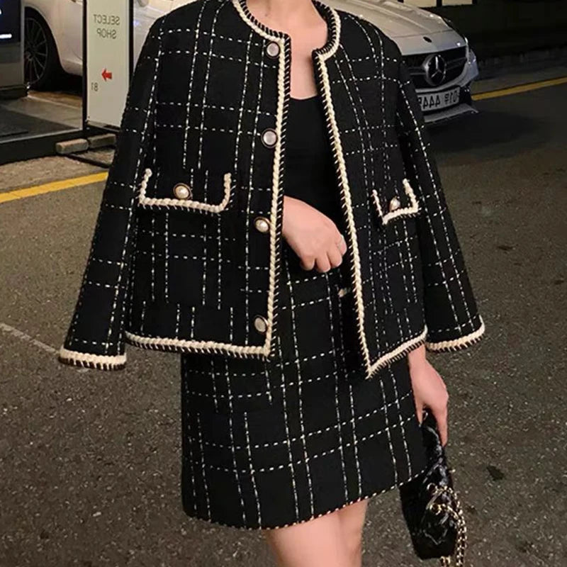 Amay Women Fried Street Tweed Suit New Spring Autumn Wool Jacket + Skirt Female Fashion Loose Tweed Skirts Two-Piece Set