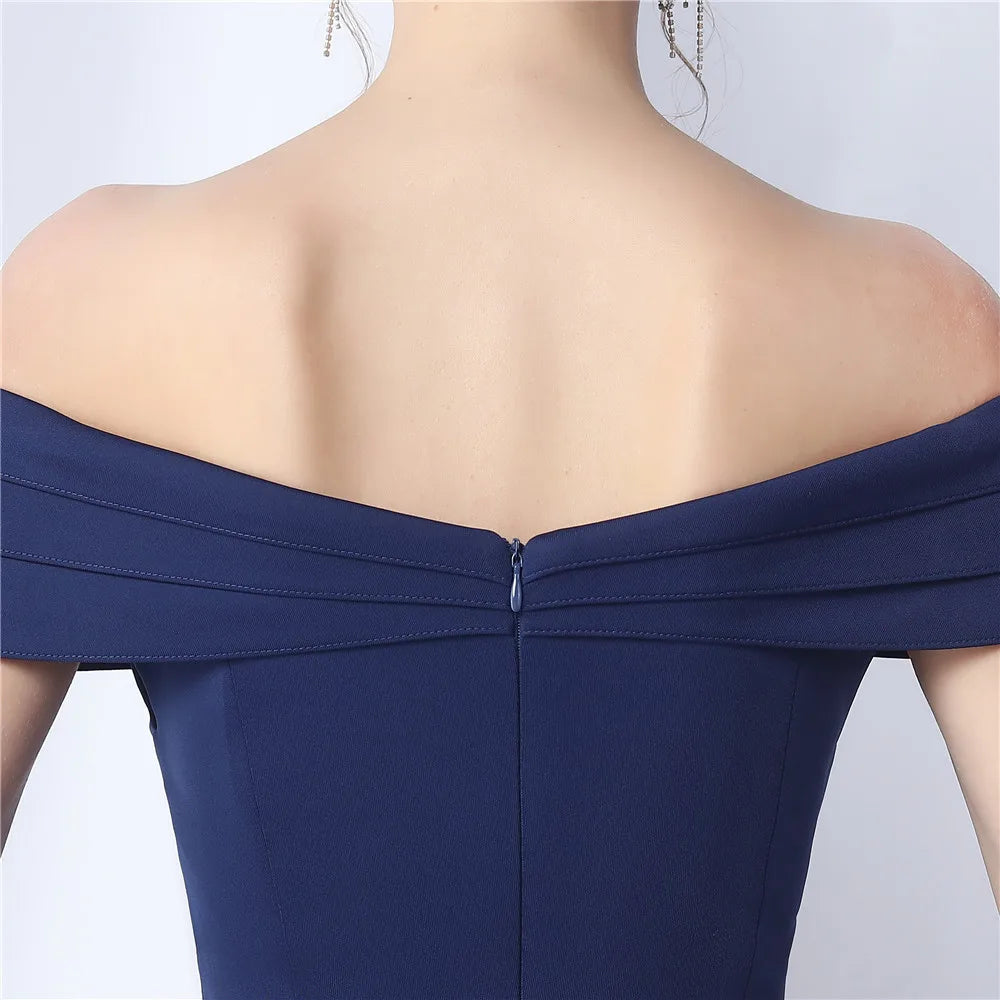 Maxy Evening Dresses Navy Blue Stretchy Off the Shoulder Ruffles Zipper Back Mermaid Slit Floor Length Women Party Formal Gowns YE038