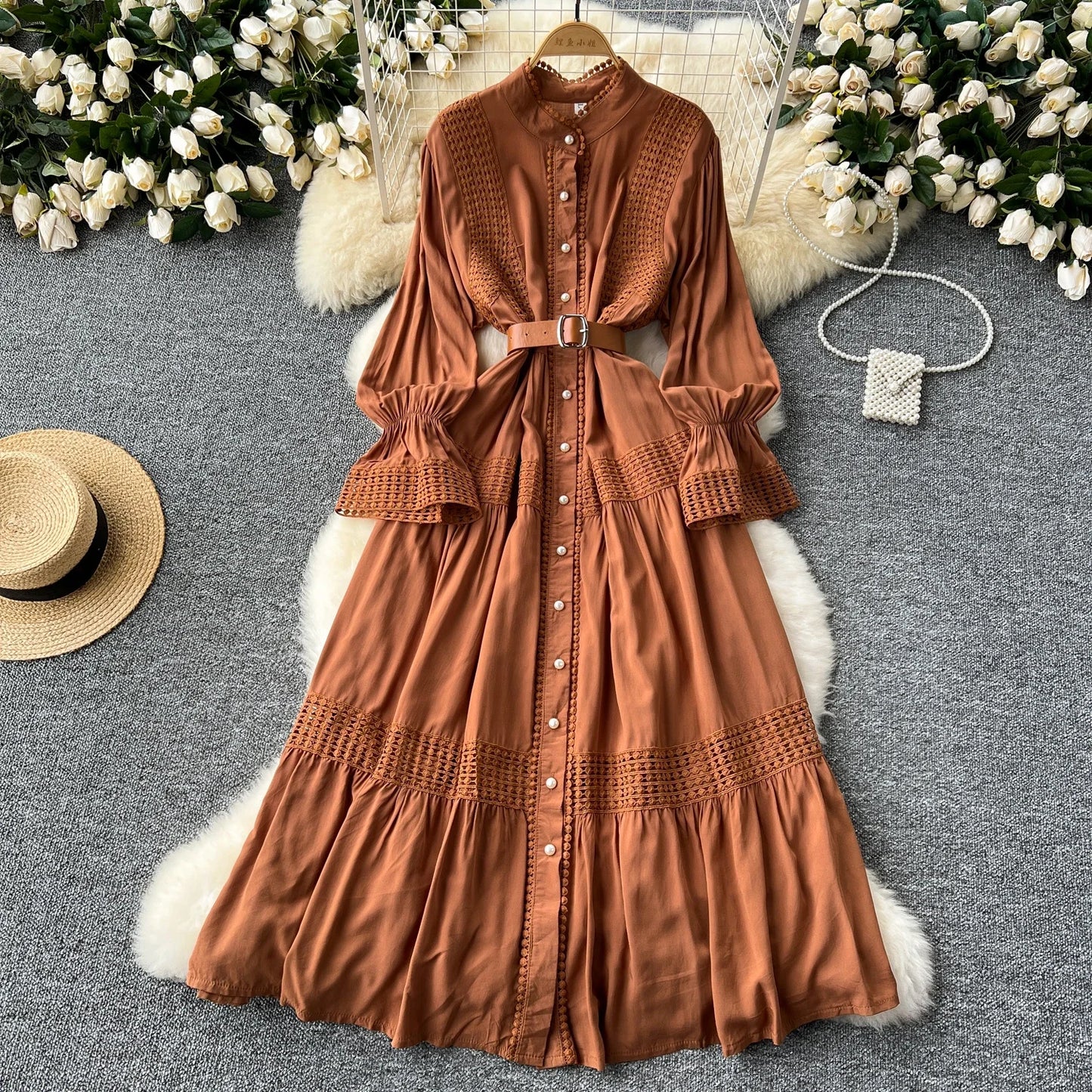 Maxy Retro Elegant Summer Stand Collar Flare Sleeve Single Breasted Lace Spliced Dress A-line French Evening Party Women Dresses