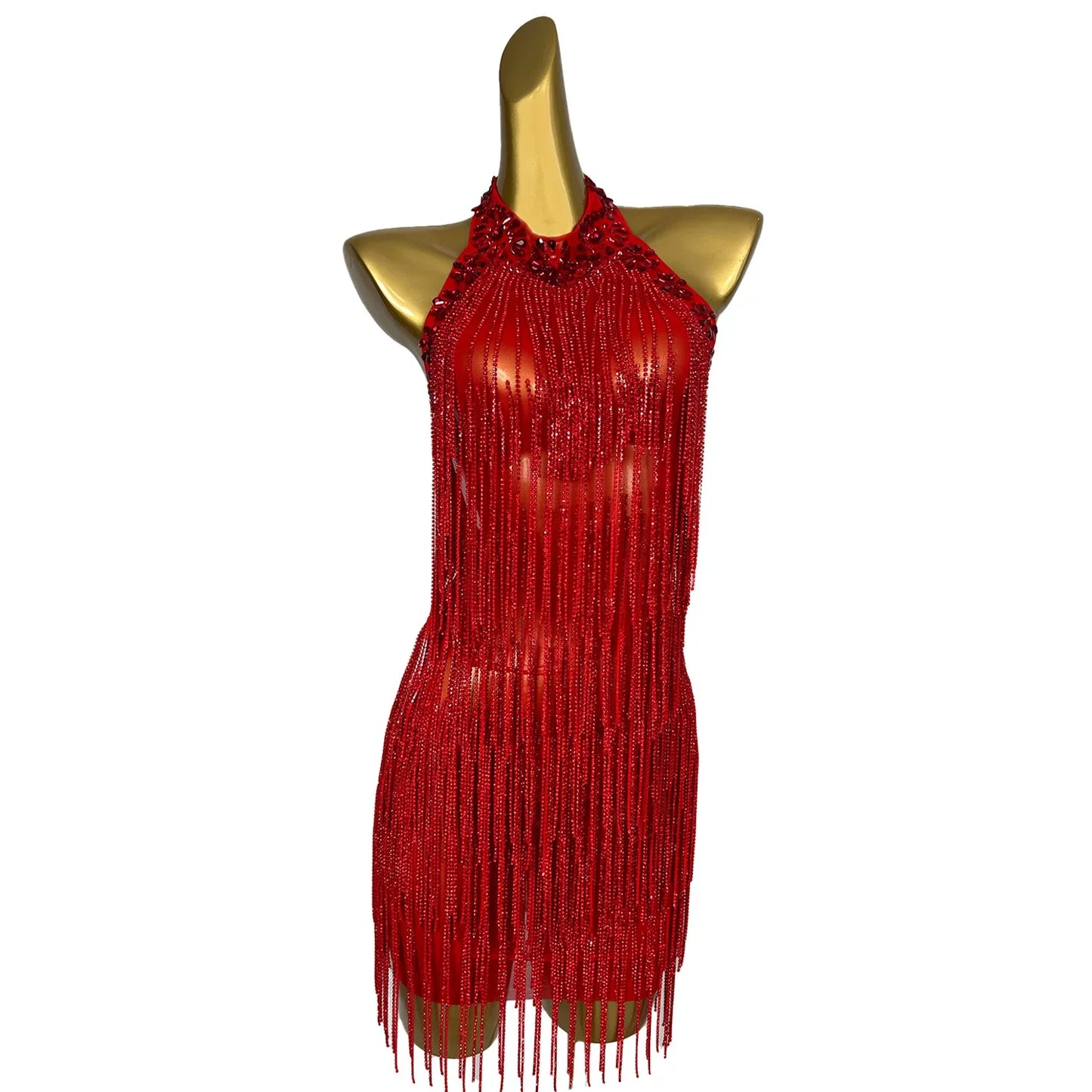Maxy Fashion Party Prom Red Gown Birthday Party Celebrate Short Dress Women Sparkly Rhinestone Chain Backless Dress Singer Show Wear