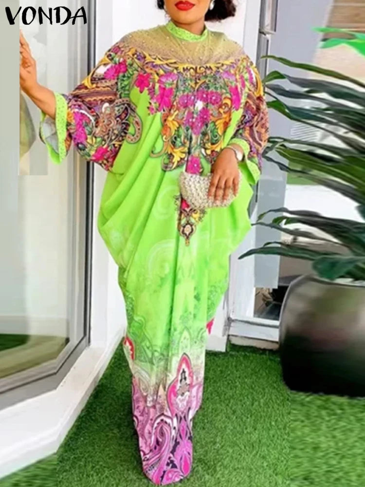 Maxy Women Dress Bohemian Printing Sundress Elegant Robe Vintage 3/4 Sleeve Stand Collar Holiday Oversized