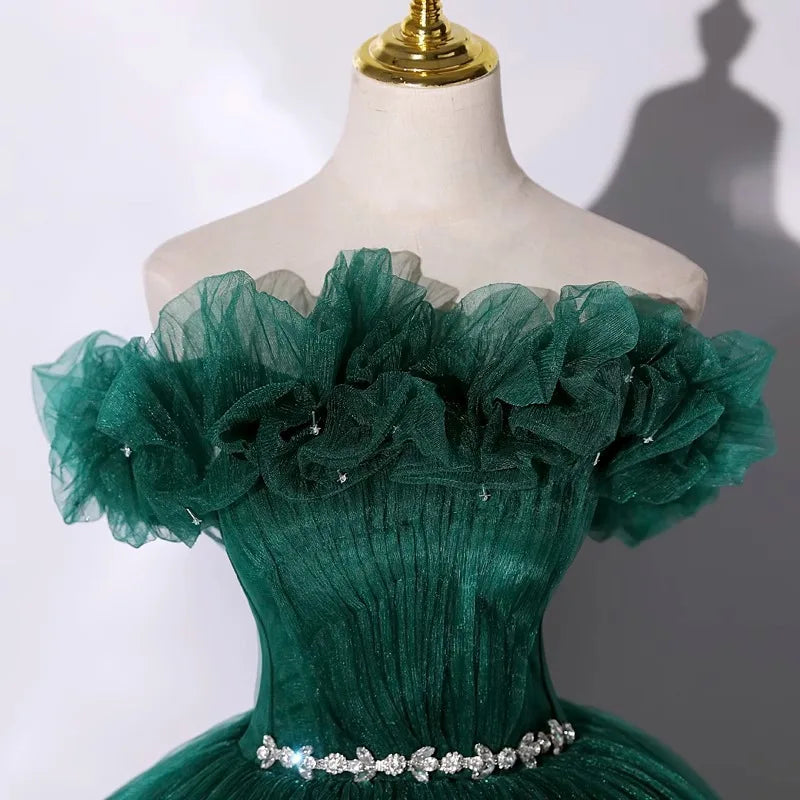 Maxy Dark Green Sweet Strapless Evening Dress New One Shoulder Temperament Host Sen Style Starry Sky Gift Vocal Art Examination Dress