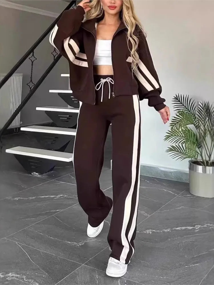 Maxy Fashion Long-sleeved Stand-up Collar Zipper Top + Wide-leg Pants 2-piece Set Women Autumn Striped Splicing Sport Suit Female Y2K