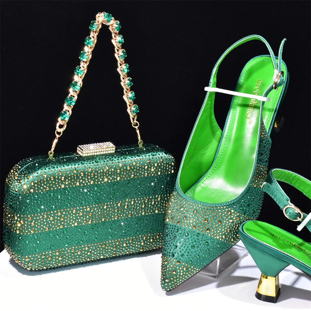 Maxy beautiful hot sell Shoes And Bag Sets for Evening Party with Stones Leather Handbags Match Bags!