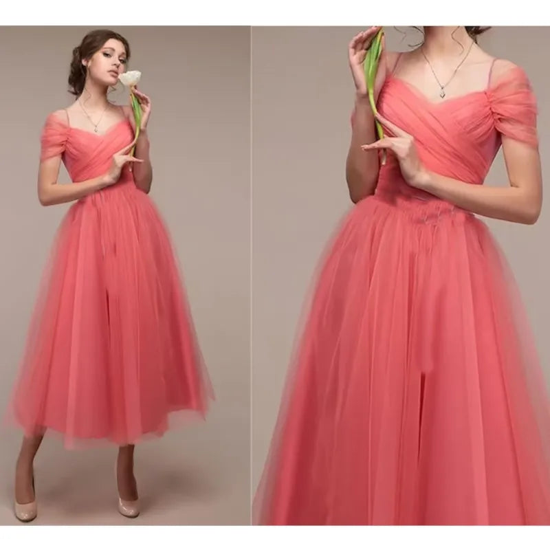 Maxy Women's Romantic Off Shoulder Ceremony Dresses Elegant Long Party Wedding Cocktail Bridesmaid Mesh Tulle Midi Wrap Gala Dress