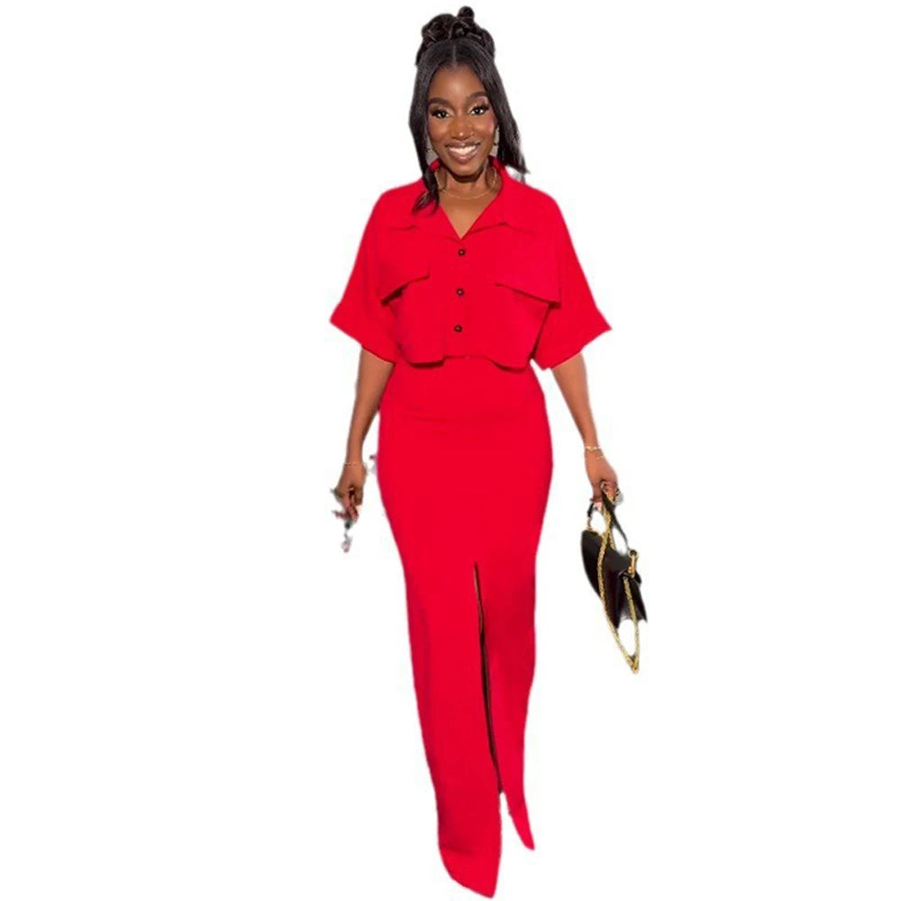 Maxy Latest Design Skirt Set Polo Collar Short Shirt Top and Long Split Skirt Set 2 Two Piece Summer Outfits for Women Elegant