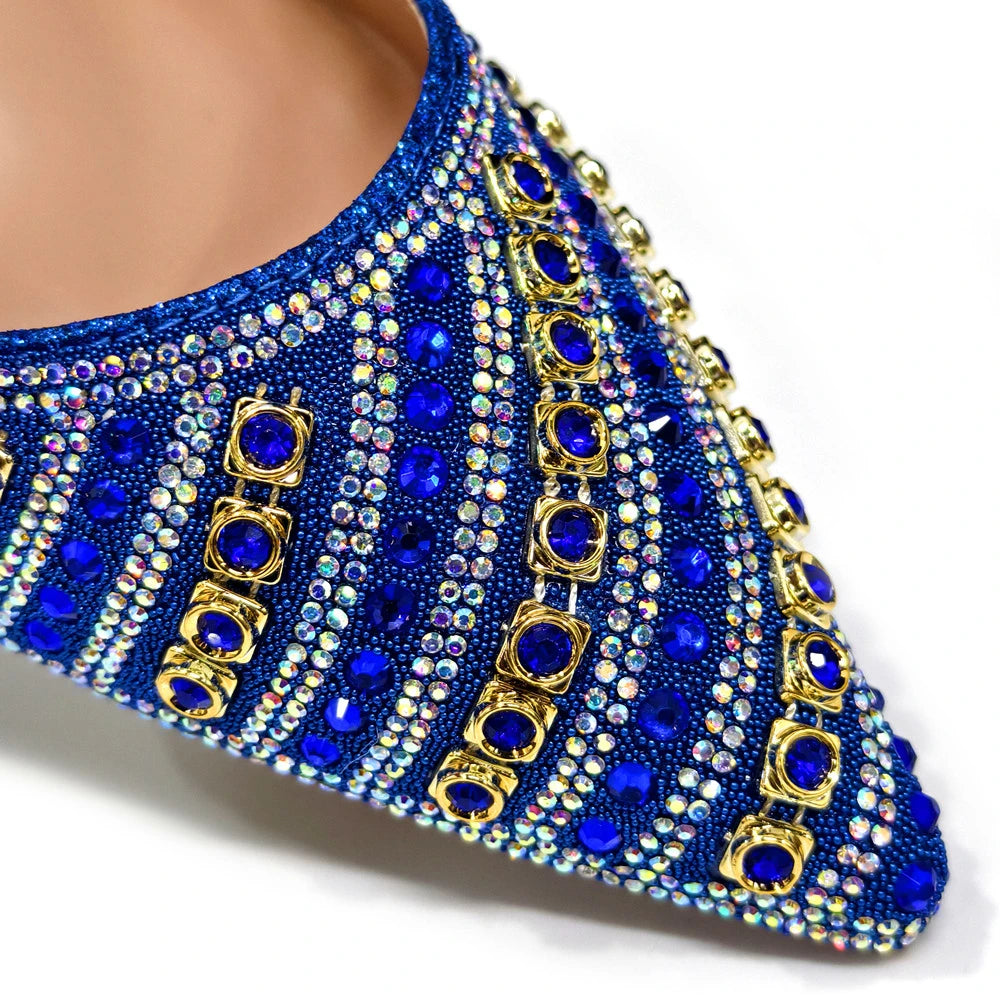 Maxy Summer New Design Specials Italian Women Shoes and Bag Set Blue Color Comfortable Low Heels With Rhinestone