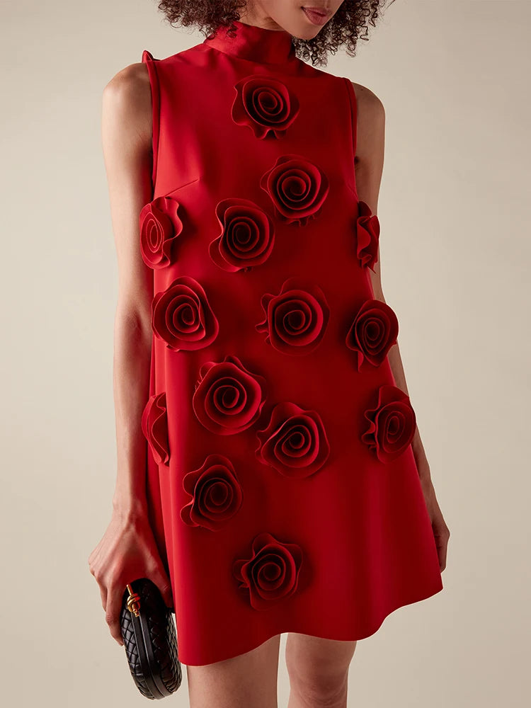 VC High Neck Appliques Flower Mini Loose Rose Dress Red Sleeveless Structure Floral A Line Evening Party Celebrity Gowns