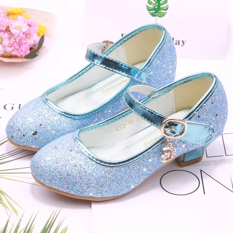 Amay Children Princess Shoes student dance shoes for Girls High Heel Sandals Dress Purple Kids Leather Glitter Crystal Shoes Banquet