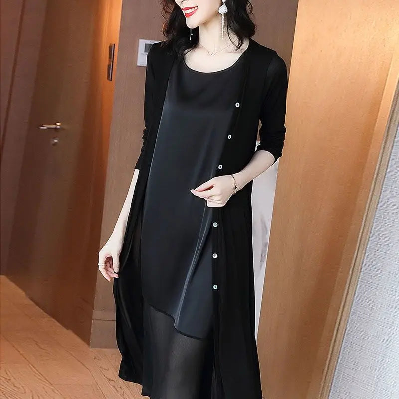Maxy Casual Solid Color Patchwork Matching Sets Commute Single-breasted Spring Autumn Women's Clothing O-Neck Split Midi Dress Sets