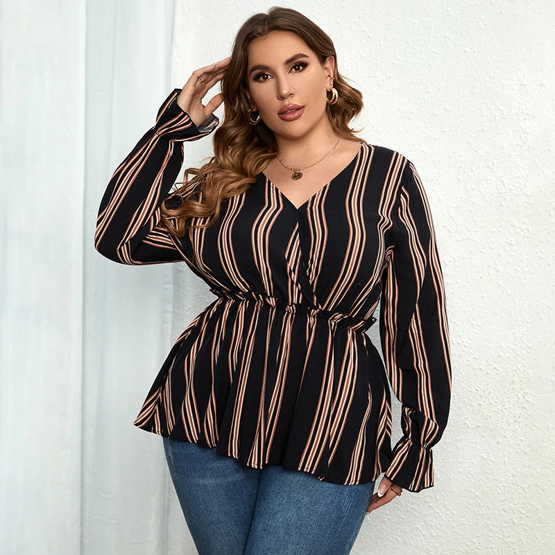 Maxy Women Plus Size Vintage Long Sleeve Tops Striped Print Wrap V-Neck Loose Ruffles Elastic Waist Peplum Blouses 3XL 4XL