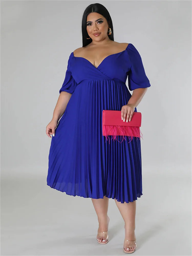Maxy Plus Size Women Clothing Dresses for Women New In Summer Solid V Neck Maxy Dress Fashion Pleated dtress