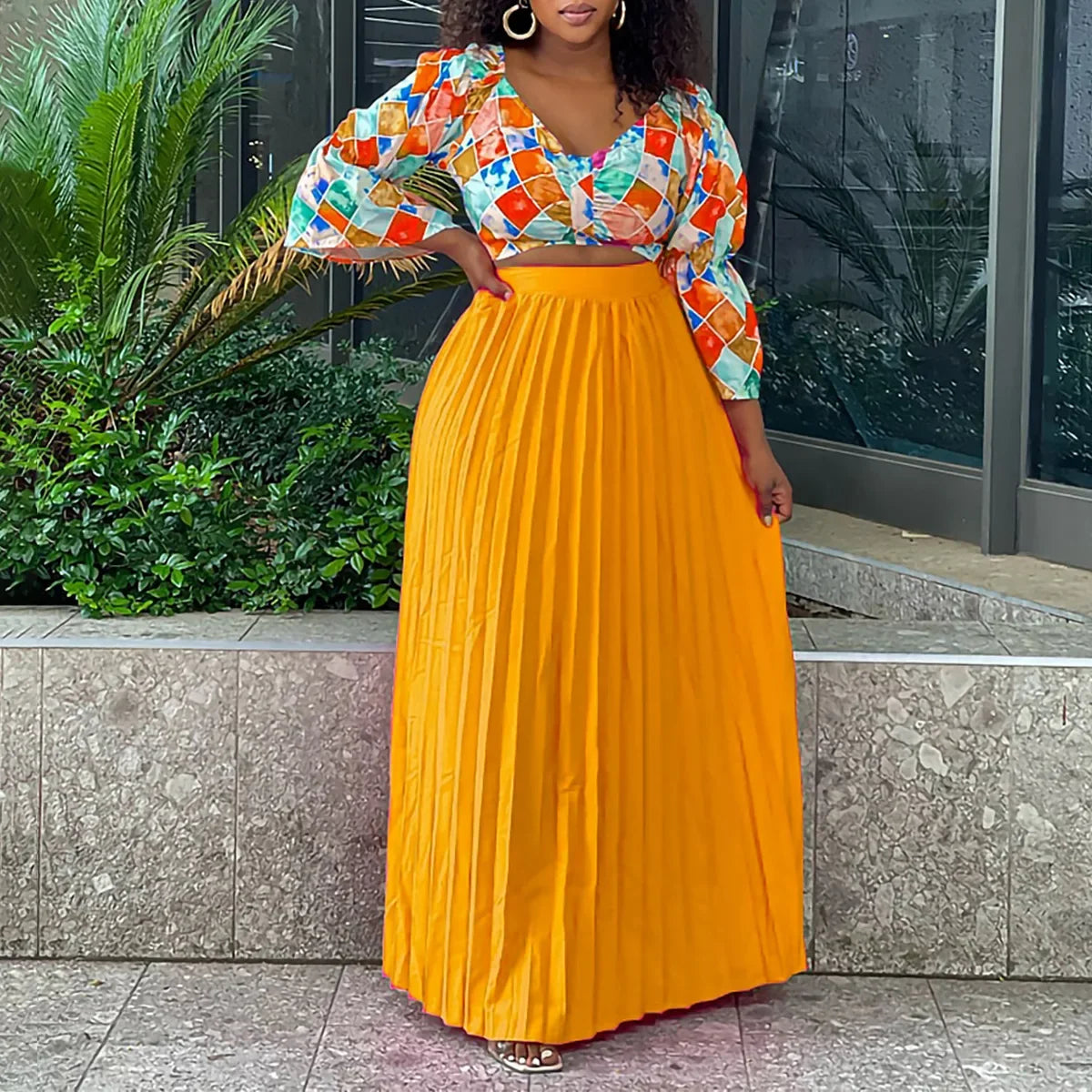 Maxy Women Two Piece Set Fashion Autumn V Neck Long Sleeve Print Blouse Pleated High Waist Long Skirt Elegant Two Piece Suit