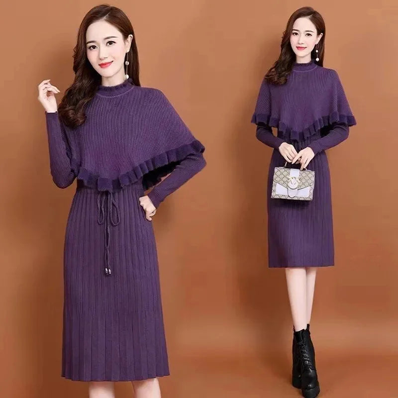 Maxy New Fashion Autumn Winter Women Long Sweater Dress Pullovers Warm Knitted Pullover Dresses + Sweaters Vest Two Pieces Set