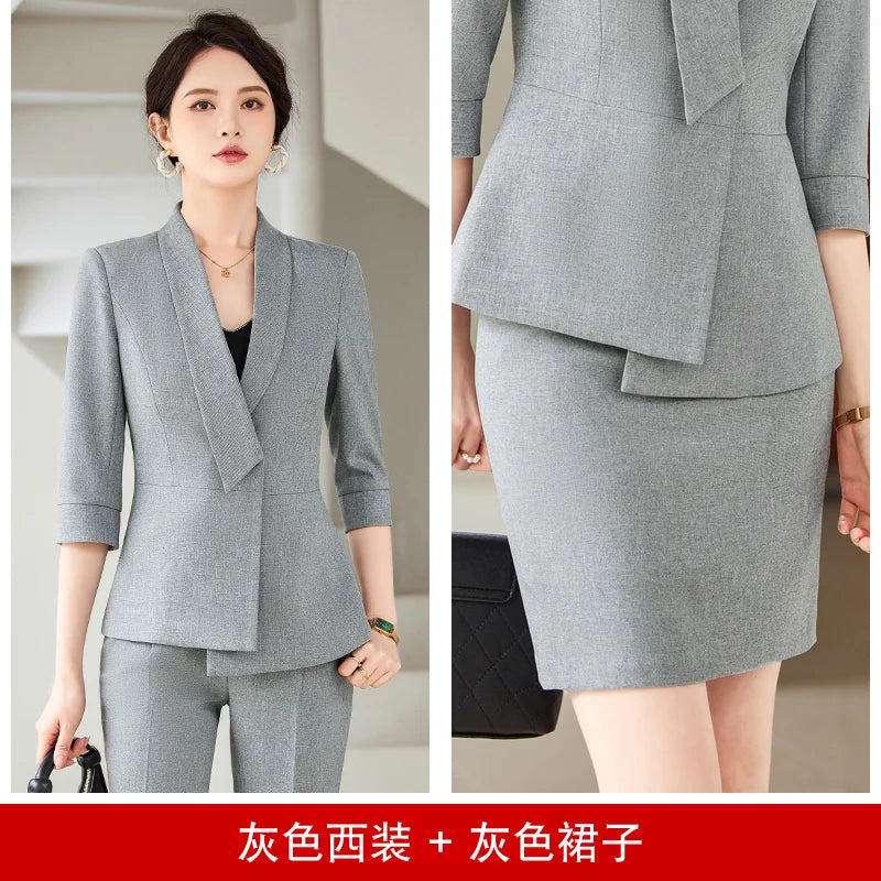 Maxy Women's Mid-Sleeve Blazer and Trousers Suit, Fashionable and Elegant, Spring and Summer, 2-Piece.