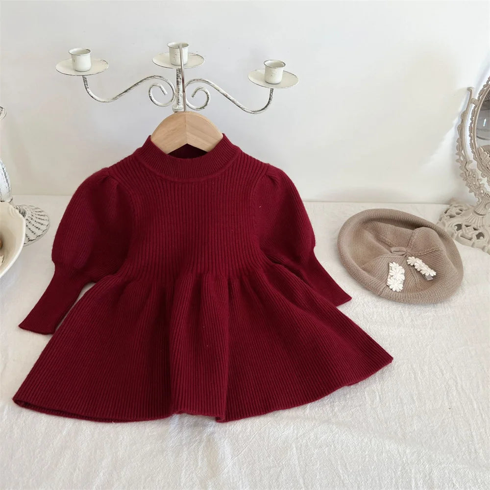 Maxy Baby Girls Knitted Dress Solid Long Sleeve Toddler Girl Clothes for 1 to 4 Years Warm Kids Sweater Dresses