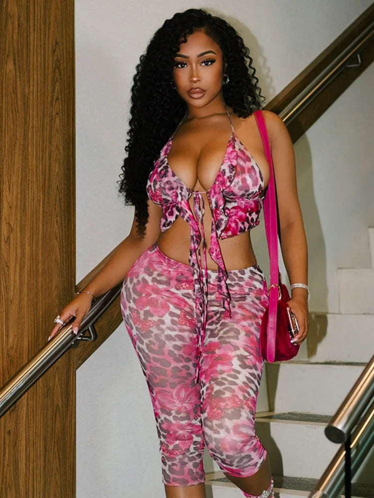 Maxy Sister Star Women's Fashion Floral Leopard Print Hanging Neck Ruffle Top Five Points Shorts Set Nightclub Party Two Piece Set