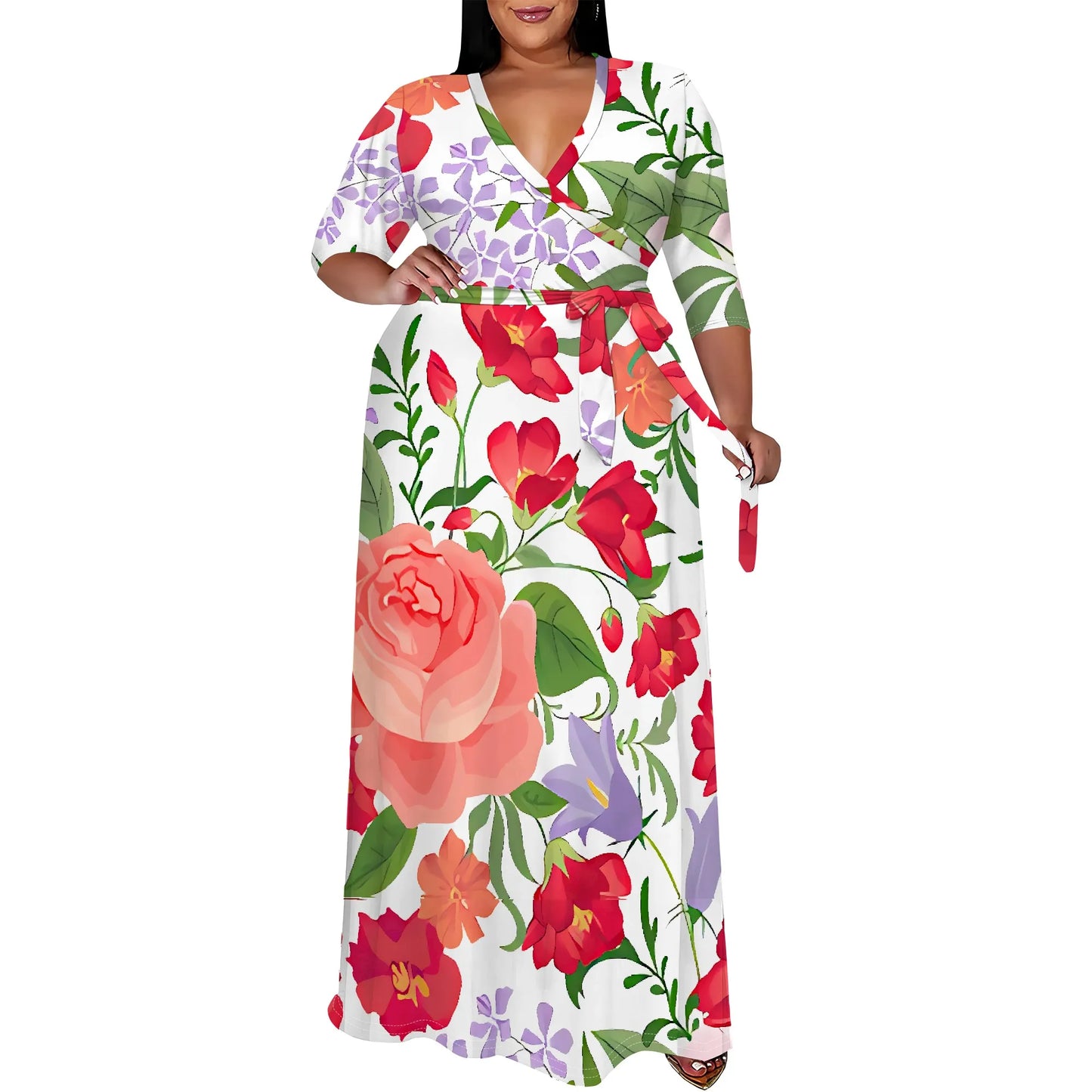 Maxy Plus Size White Wrap Dress Pink Flower Print Belted V Neck Summer Holiday Style